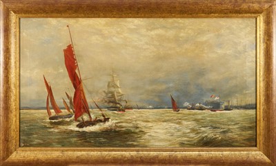 Lot 1277 - Manner of William Lionel Wyllie, late 19th century, oil on canvas - 'Commerce and Sea Power', 51cm x 92cm, in gilt frame