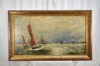 Lot 147 - Manner of William Lionel Wyllie, late 19th century, oil on canvas - 'Commerce and Sea Power', 51cm x 92cm, in gilt frame