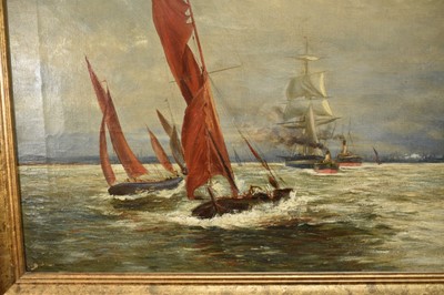Lot 147 - Manner of William Lionel Wyllie, late 19th century, oil on canvas - 'Commerce and Sea Power', 51cm x 92cm, in gilt frame