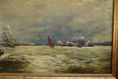 Lot 147 - Manner of William Lionel Wyllie, late 19th century, oil on canvas - 'Commerce and Sea Power', 51cm x 92cm, in gilt frame