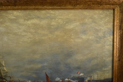 Lot 147 - Manner of William Lionel Wyllie, late 19th century, oil on canvas - 'Commerce and Sea Power', 51cm x 92cm, in gilt frame