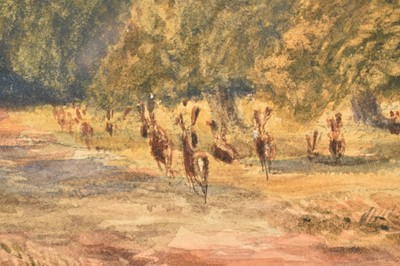 Lot 159 - Stanfield Shepherd, 1860s watercolour - Deer in Windsor Park, the castle beyond, signed and dated 1861, 31cm x 48cm, together with another English School watercolour depicting a similar view, 27...
