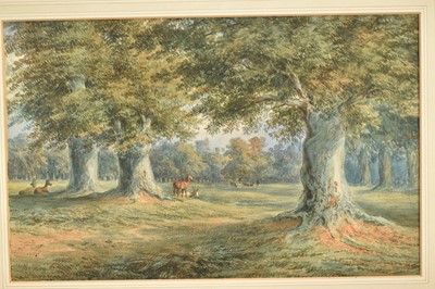 Lot 159 - Stanfield Shepherd, 1860s watercolour - Deer in Windsor Park, the castle beyond, signed and dated 1861, 31cm x 48cm, together with another English School watercolour depicting a similar view, 27...