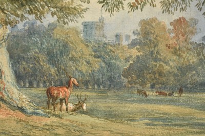 Lot 159 - Stanfield Shepherd, 1860s watercolour - Deer in Windsor Park, the castle beyond, signed and dated 1861, 31cm x 48cm, together with another English School watercolour depicting a similar view, 27...