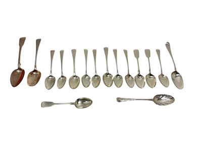 Lot 422 - Collection of 12 Georgian and later silver dessert spoons, and others