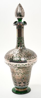 Lot 431 - Late 19th/early 20th century green glass carafe, with overlaid white metal decoration