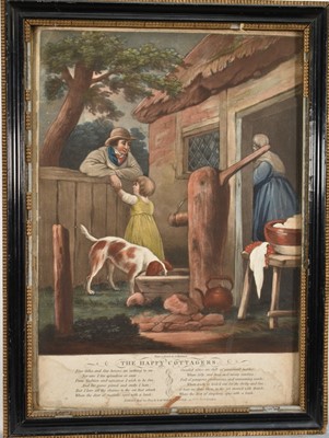 Lot 1367 - After George Morland, hand-coloured mezzotint - The Happy Cottagers, pub. London August 14th, 1803 by Laurie and Whittle, 35cm x 25cm, in Hogarth frame