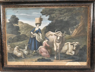 Lot 1369 - After Burchet, hand-coloured mezzotint c.1750 - The Milk Maids, Les Laitières, 26cm x 35cm, framed