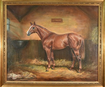 Lot 1239 - Carolyn Alexander, contemporary, oil on canvas - portrait of a horse, 'Aythorpe', signed and dated 1977, 51cm x 61cm, in gilt frame