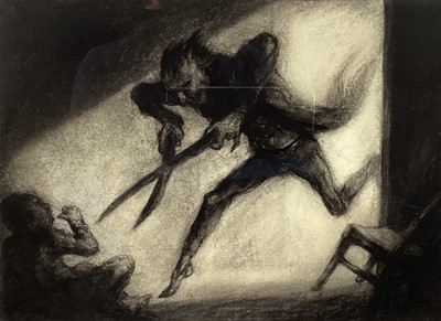 Lot 292 - Paul Rumsey, contemporary, charcoal study - 'Suck a Thumb' from Struwwelpeter, signed, titled verso, 26cm x 37cm, in glazed frame