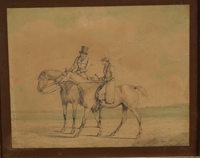 Lot 1217 - Attributed to Henry Alken (1785-1851) group of five pencil and wash drawings - Horses and Jockeys, four framed and glazed, one unframed, average size 23cm x 33cm (5)
