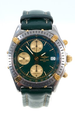 Lot 753 - Breitling Chronomat automatic wristwatch on green leather strap, boxed with papers
