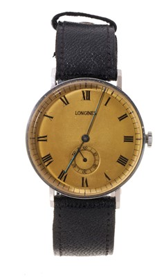 Lot 752 - 1950s Longines wristwatch on leather strap