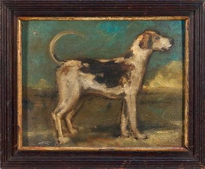 Lot 1212 - English School, oil on panel - A Foxhound, 21cm x 27cm, in gilt and ebonised frame