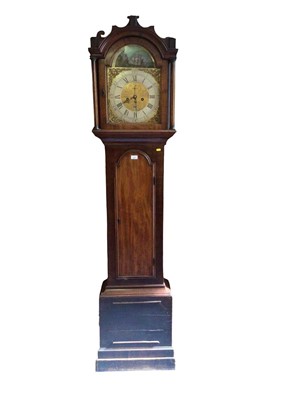Lot 819 - Decorative Early 19th century eight day longcase clock by William Priest, Bristol with arched brass dial, polychrome painted rocking ship to arch, dial engraved with British man o war and fortre...