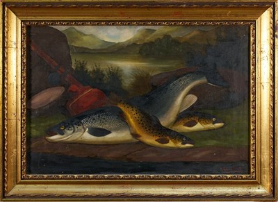 Lot 1206 - A. Roland Knight (act.1810-1840) oil on canvas - Salmon and Trout on a Riverbank, signed, 30cm x 45cm, in gilt frame