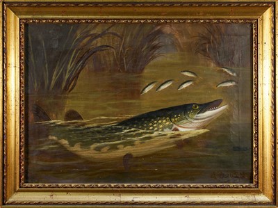 Lot 1205 - A. Roland Knight (act.1810-1840) oil on canvas - a Pike on the hunt, signed, 35cm x 50cm, in gilt frame