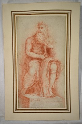 Lot 1437 - 18th century red chalk on vellum - after Michelangelo's Moses, signed with initials W.F. and dated 1704, spurious attribution verso to T. Worlidge (b.1700), 22cm x 12cm, unframed, fixed to mount...