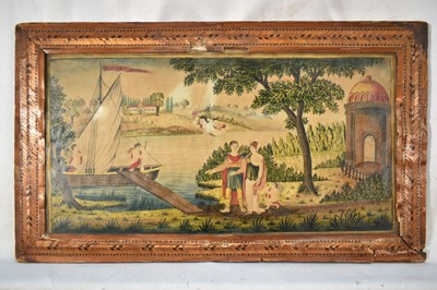 Lot 1402 - Late 18th century naïve watercolour - a Classical river landscape, 14cm x 26.5cm, in original straw work frame
