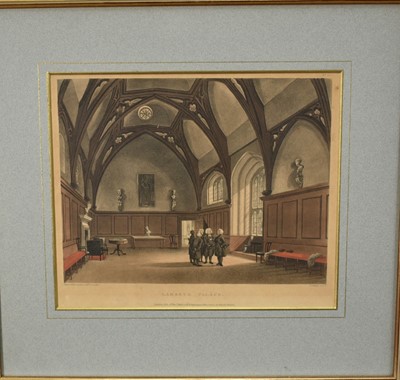 Lot 1438 - Rowlandson (1756-1827) & Pugin (1762/69-1832) four hand-coloured etching and aquatints, pub. R. Ackermann, c. 1809, 'Lambeth Palace', 'King's Mews, Charing Cross', 'Watch House St Mary le Bo...