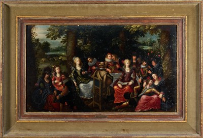 Lot 1444 - Attributed to Louis de Caullery (c.1580-1621) oil on panel - A Garden Party, 34cm x 58cm, framed