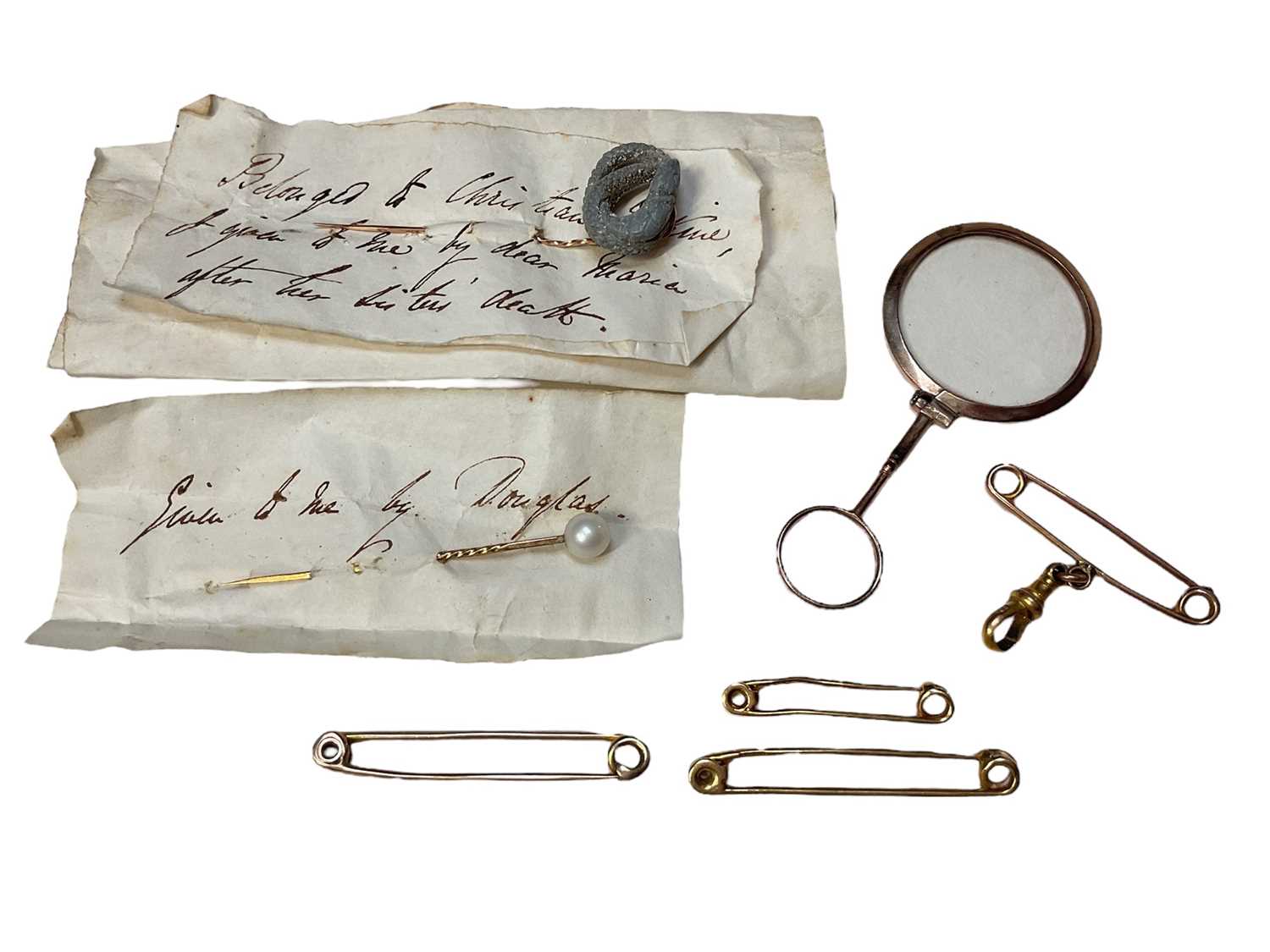 Lot 8 - Two 18ct gold and two yellow metal tie pins, yellow metal mounted magnifying glass and two stick pins