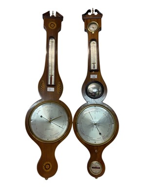 Lot 828 - Two 19th century banjo-shaped barometer thermometers in inlaid mahogany cases (2)