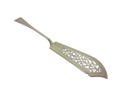 Lot 453 - Victorian silver Old English pattern fish slice, with pierced blade and engraved monogram