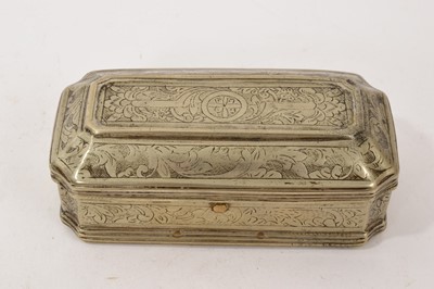Lot 1131 - 18th century Dutch white metal tobacco box with hinged lid and engraved floral decoration, 14cm.