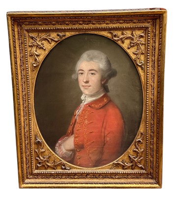 Lot 1446 - English School, mid 18th century, pastel on paper - Portrait of a Nobleman in red coat, indistinctly signed, dated 1749