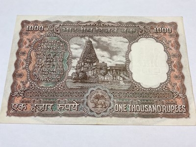 Lot 420 - India - Republic Reserve Bank of India circa 1970s 1000 Rupee Banknote, brown & multicoloured (N.B. Light creases) otherwise EF (1 banknote)