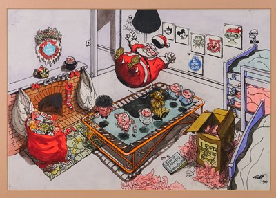 Lot 1140 - *Carl Ronald Giles (1916-1995) pen, ink and watercolour cartoon - Trampolining Father Christmas, signed and dated '90, 36cm x 52cm, framed