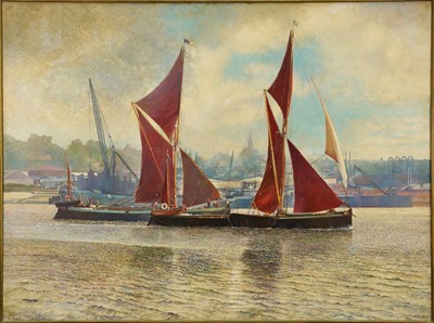 Lot 1141 - Arthur S. H. Hogg (1904-1983) oil on board - The Pin Mill Barge Race 1973, signed and dated, artist label verso, 90cm x 121cm, framed