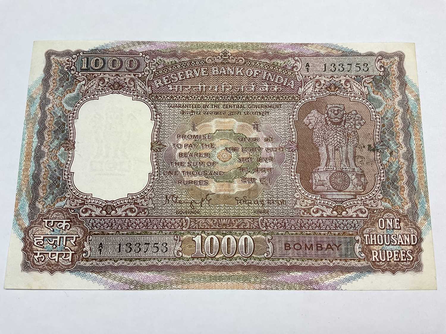 Lot 421 - India - Republic Reserve Bank of India circa 1970s 1000 Rupee banknote brown & multicoloured (N.B. Rev: Ink date stamped) otherwise EF (1 banknote)