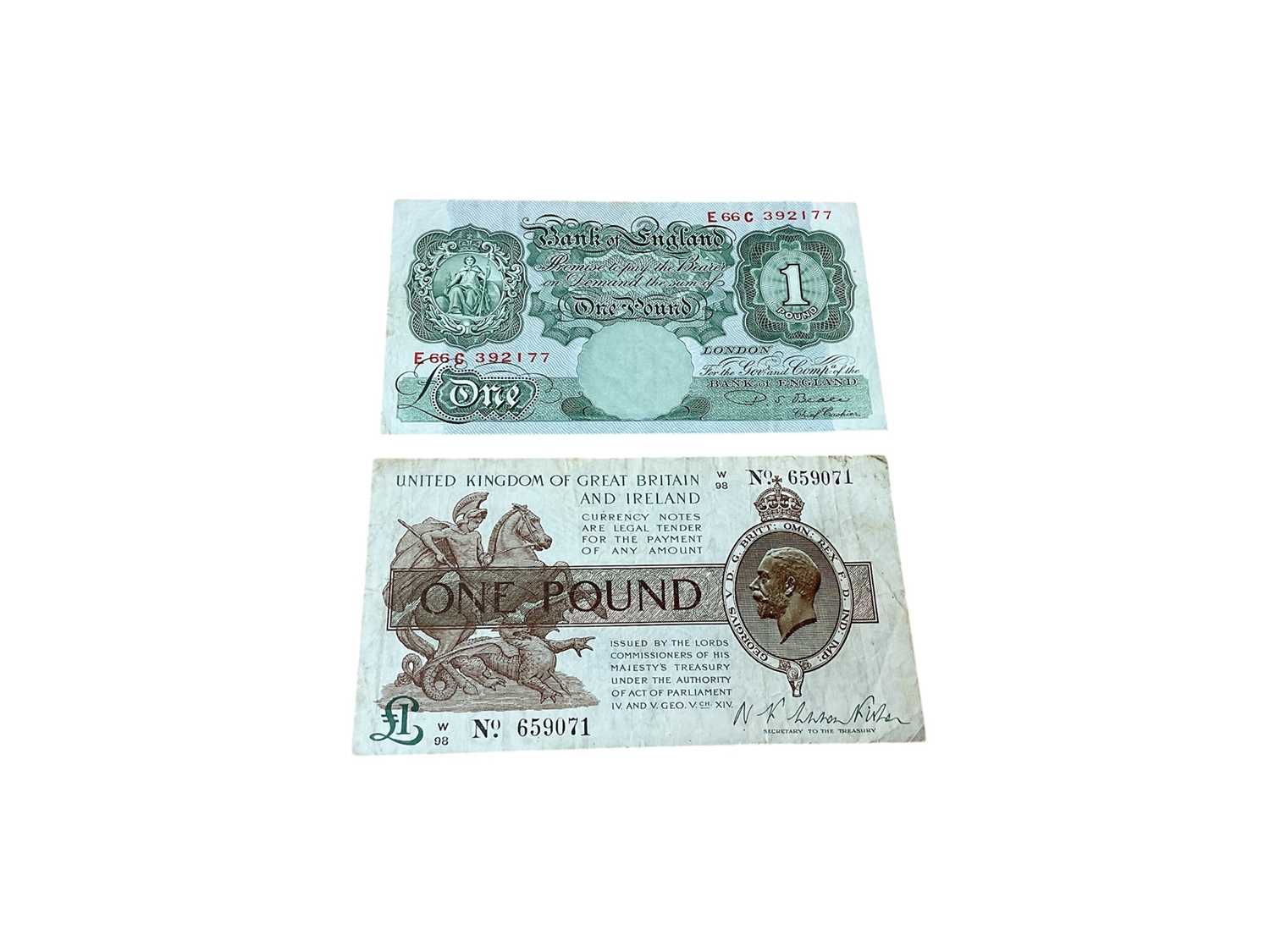 Lot 427 - G.B. - One Pound banknotes to include N.F. Warren-Fisher first issue green, brown & purple banknote prefix W (Sept 1919) GF and Beale green banknote prefix E 66c AVF (2 banknotes)