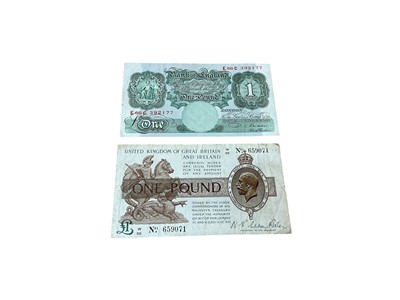 Lot 427 - G.B. - One Pound banknotes to include N.F. Warren-Fisher first issue green, brown & purple banknote prefix W (Sept 1919) GF and Beale green banknote prefix E 66c AVF (2 banknotes)
