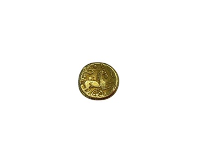 Lot 434 - Celtic - Uninscribed gold stater circa late 1st century BC to early 1st century AD, Obv: Wreath, cloak with leaf branch above, Rev: Horse right with pelleted mane, disjointed left fore-leg &...