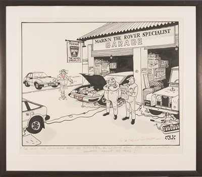 Lot 1449 - *Jak, Raymond Allen Jackson (1927-1997) pen and ink cartoon - The Rover Garage, titled in pencil "The next one complaining about his altimeter or landing gear, gets his joy-stick wrapped around h...