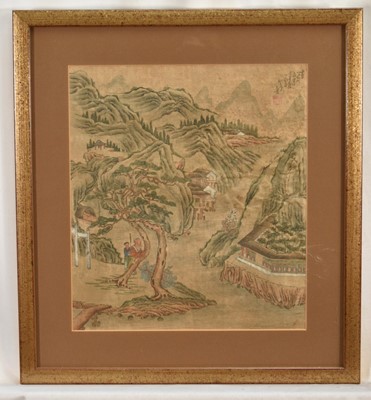 Lot 1428 - Chinese School, 19th century, ink and watercolour on silk - Mountainous Lake, signed, 32cm x 28.5cm, in glazed gilt frame