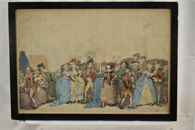 Lot 1450 - Thomas Rowlandson (1756-1827) hand coloured etching and aquatint - 'Box Lobby Loungers', inscribed in pencil and bearing signature, laid down, 38.5cm x 57cm, in glazed frame