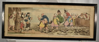 Lot 1451 - James Gillray (1756-1815) hand coloured etching and aquatint - 'The Landing of Sir John Bull & his Family at Boulogne sur Mer', published 31 May 1792 by Hannah Humphrey, 22.5cm x 66cm, frame...