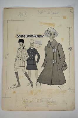 Lot 1458 - Sonya Todd (Contemporary), mixed media fashion drawing for Bentalls 'Shape up for Autumn' signed and dated 1968. 56 x 39cm