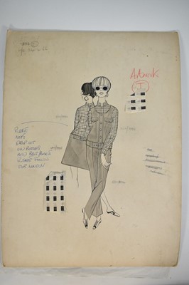 Lot 1459 - Sonya Todd (Contemporary), mixed media fashion drawing, 1960s, 55 x 40cm