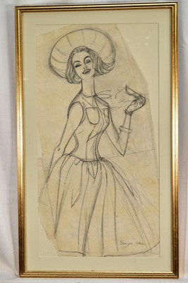Lot 1462 - Sonya Todd (Contemporary), pencil working sketch for a fashion illustration for Bentalls, signed and dated 1964, 53 x 28cm, glazed frame, together with a framed print of the final advert. (2)