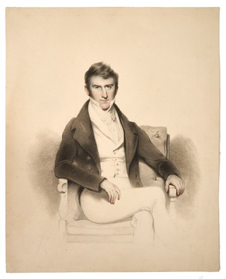 Lot 1463 - English School, circa 1820, pencil and watercolour three quarter length portrait of a Gentleman named verso at the Honourable James Ruthven Elphinston (1775-1828), 39 x 32cm