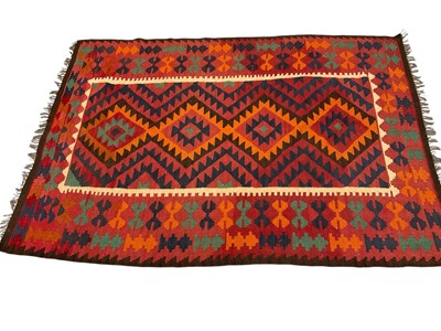 Lot 1726 - Modern Kelim rug, with geometric design on claret ground, 225 x 140cm