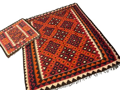 Lot 1585 - Modern Kelim rug, with geometric design on claret ground, 200 x 153cm, and another smaller