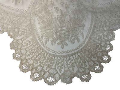 Lot 2053 - Fine 19th century Brussels lace wedding veil, worked with tulips, roses, bows etc and scalloped edge.