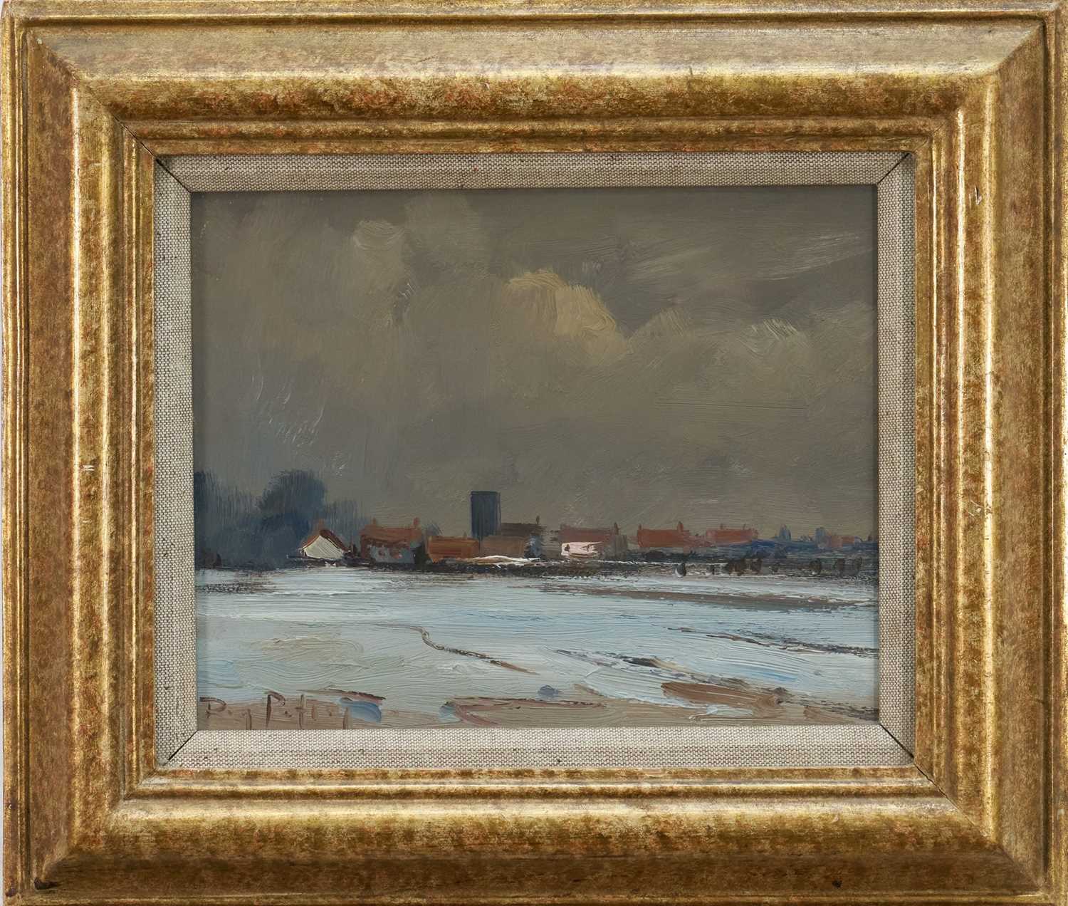 Lot 1051 - *Roy Petley (b.1950) oil on board - Winter Norfolk Landscape, signed, 19cm x 23.5cm, in glazed gilt frame