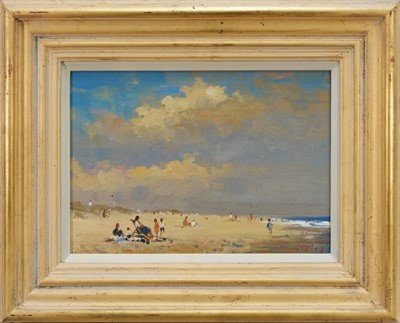 Lot 1050 - *Roy Petley (b.1950) oil on board - 'Summer Days, Sea Palling', signed, 24cm x 34cm, in painted frame